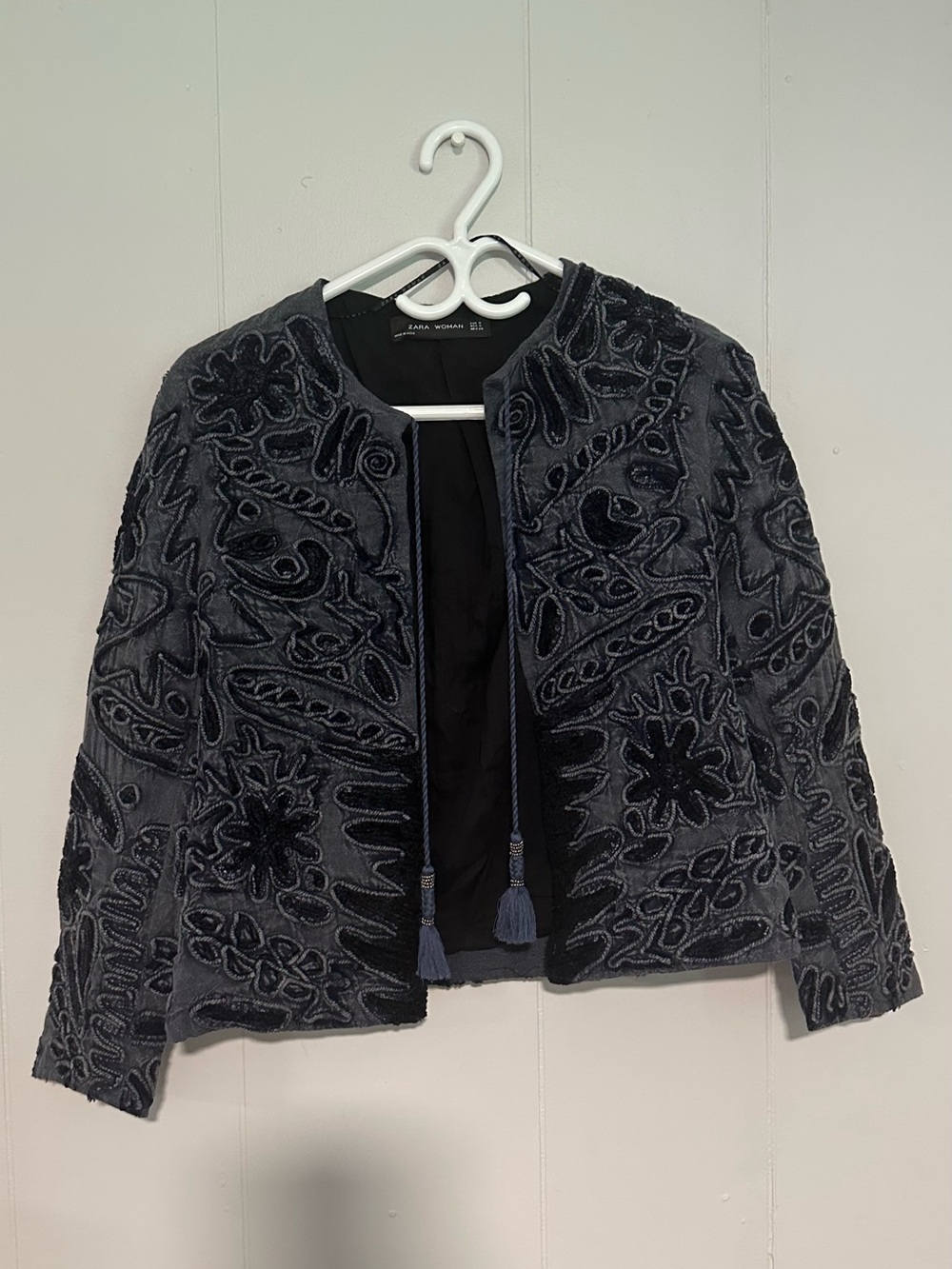 Zara Embroidered Velvet Open-Front Jacket - Gray